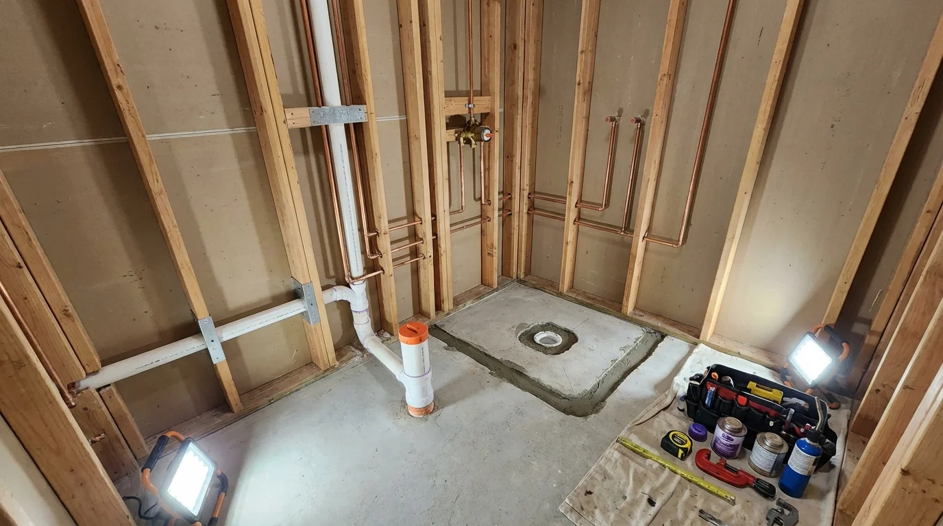 Bathroom rough-in plumbing during remodel by Johns Plumbing LLC in Archbold