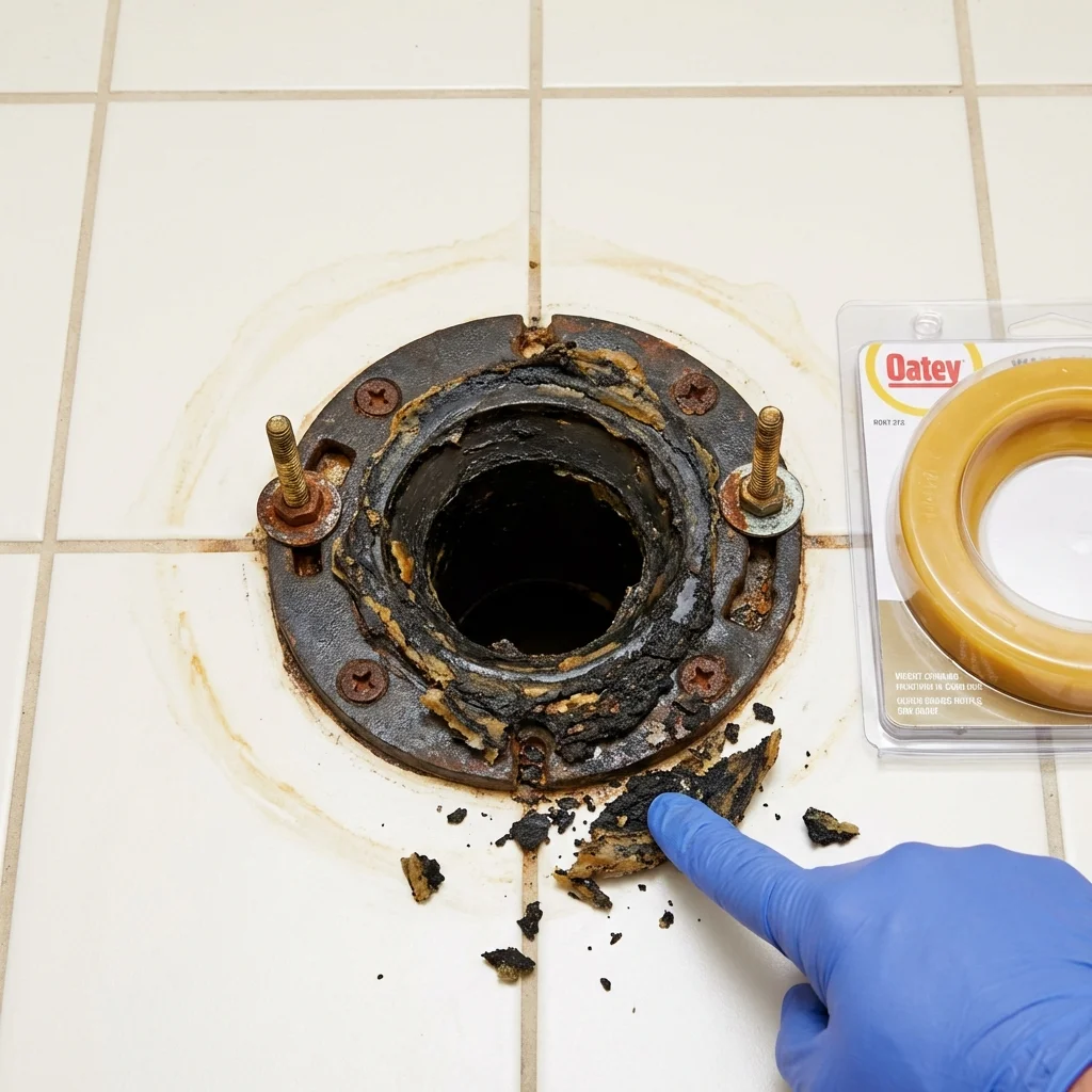 Failed wax ring showing water seepage at the base of a toilet in a Archbold, OH home