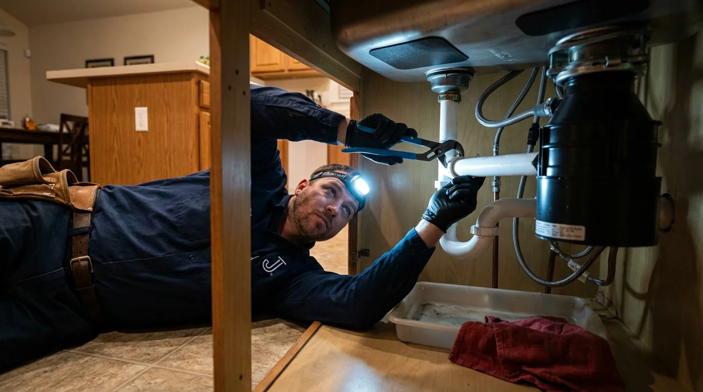 P-trap and supply line connections under a kitchen sink showing a common leak point in Archbold, OH